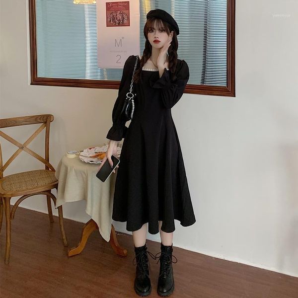 

casual dresses french style retro black square collar waistband shows thin long sleeve temperament dress for women, Black;gray