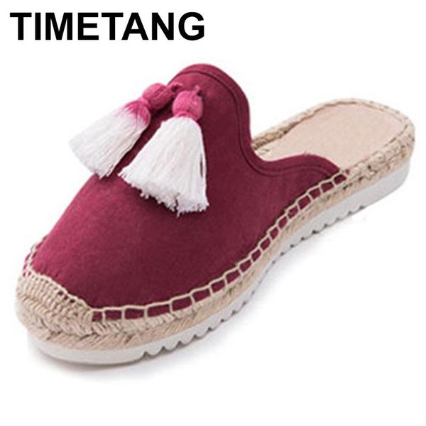 

slippers timetang arrival women strawrope weave fisherman slides summer flock tassel beachshoes woman slip on shoese719, Black