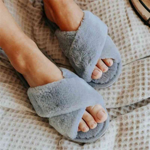 

winter women house slippers warm faux fur fashion shoes woman slip on flats designer ladies furry female slides indoor 210805, Black