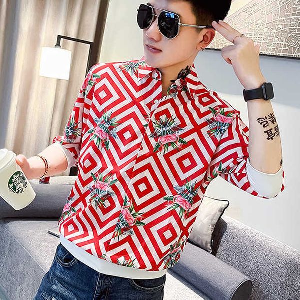 

summer printed shirts men 3/4 sleeve pullover fashion streetwear loose casual shirt social party nightclub men clotes camisas 210527, White;black