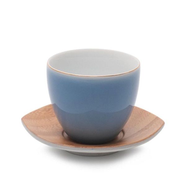 

golden edge handmade ceramic tea cups with bamboo cup saucer & saucers