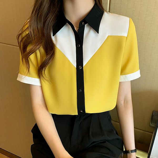 

women's blouses & shirts retro chiffon shirt women button up blouse short sleeve color patchwork design fashion 2021 summer collar loos, White