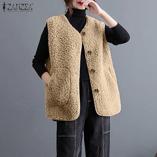 

women's vests 2021 zanzea casual single breasted fluffy h sleeveless coat vintage baggy fleece blouse spring ol elegant maxi jackets, Black;white