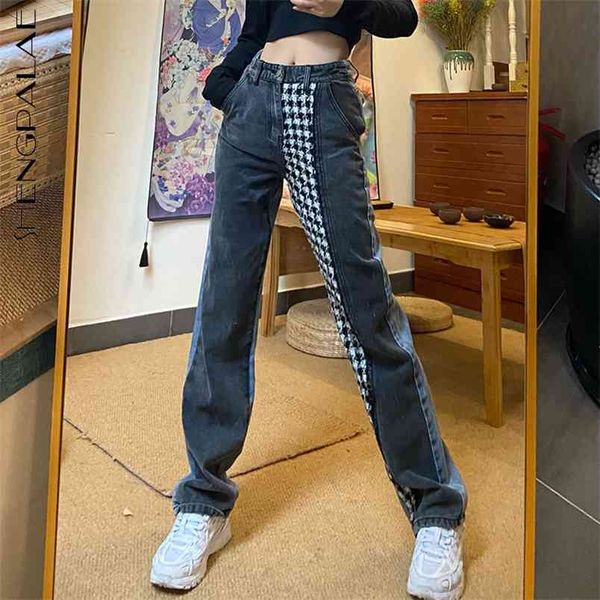 

contrast color irregular spliced jeans women's spring high waist oblique pocket straight denim pants 5c299 210427, Blue