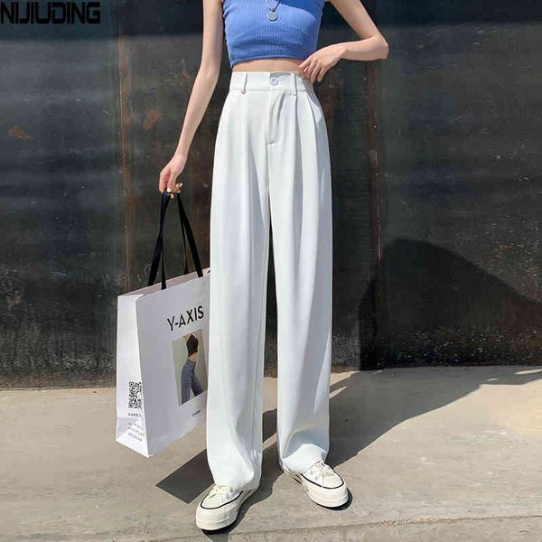 Casual Chic Solta Cintura Alta Feminina Largura Pants Primavera Verão Senhoras Longas Calças Mulheres Piso-Comprimento Ternos Brancos 210514