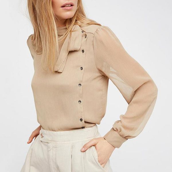 

women's blouses & shirts fall spring casual women full lantern sleeve buttons bow chiffon blouse shirt , female woman slim mandarin col, White