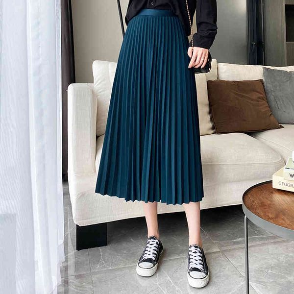

skirts quality women pleated 2021 harajuku metallic black midi high waist elascity casual party long skirt