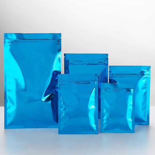 500 pcs Blue Imprimindo Bloqueio de Bloqueio de Presente de Embalagem Lustrosas Mylar Folha Bolsas Flat Bottom Sample Power Aluminum Empacotamento Bolsa de embalagem ambos os lados são cores contínuas