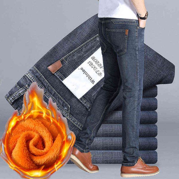 

men's jeans plush and thickened warm jeans straight tube loose large busins casual youth men's pants, Blue