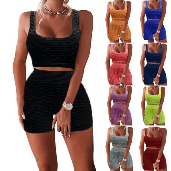 

yoga sets women gym clothes ladies t jacquard bubble solid color sleeveless u-neck blouse and shorts sport two-piece suit women's tanks, White