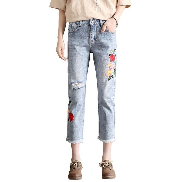 

women's jeans harajuku denim for women 2021 spring ripped hole ankle length embroidery harem pants female #1162, Blue