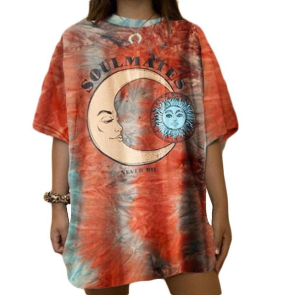 

women's t-shirt women casual fashion letter sun moon print loose o-neck half sleeve elastic stretched summer home, White