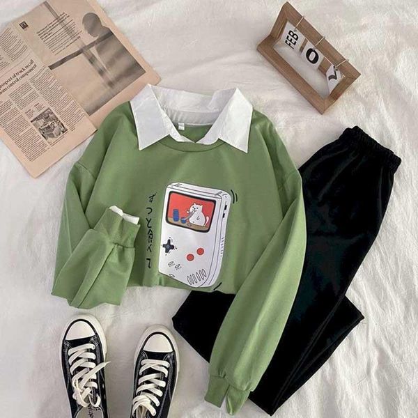 

fake two piece hoodies women tracksuits wide leg pants suit students korean version of loose polo collar autumn tide harajuku, Gray
