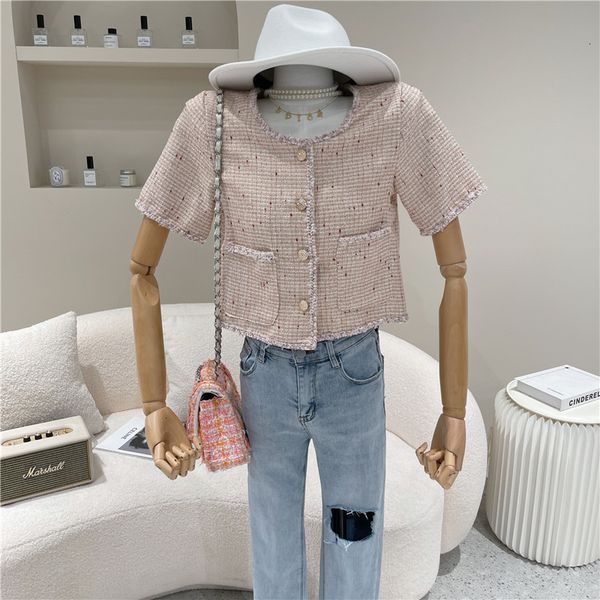 

women's summer 2021 niche fashion design tweed high waist short coat, Tan;black