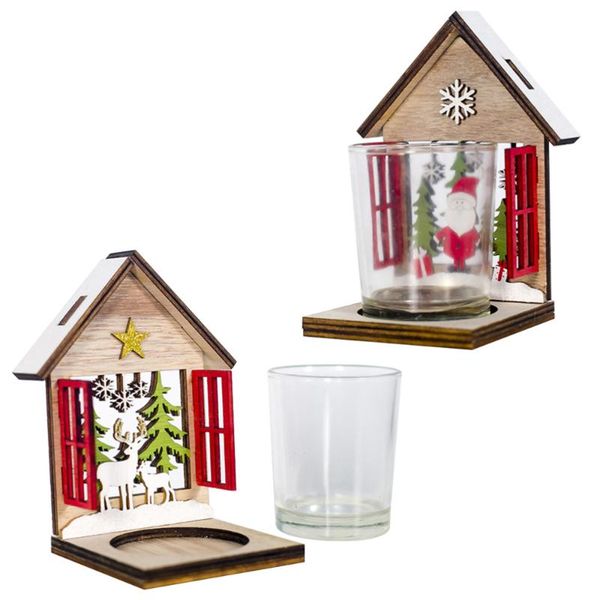 

candle holders 2 pcs christmas house shaped candlestick wooden painted stand creative gift crafts deskdecoration with cup - e