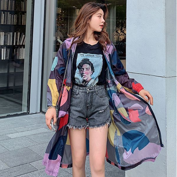 

ssjbwomen summer hooded clothing female fashion plus size loose camouflage windbreaker sunscreen thin coat long sleeve jacket m46, Black;white