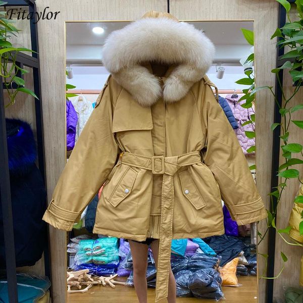 

women's down & parkas fitaylor women winter 90% white duck jacket belt up big real fur collar coat warm office lady black fashion outwe