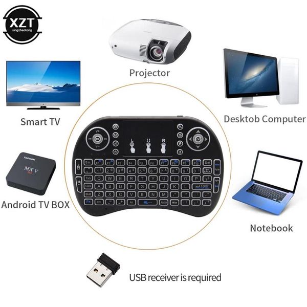 

keyboards i8 3 color backlit 2.4g wireless keyboard air mouse english touchpad handheld for smart tv box notebook pc usb receiver