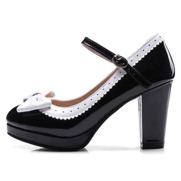

size 32-48 women bowtie round toe high heel shoes women ankle strap thick heels pumps party dress women footwears, Black