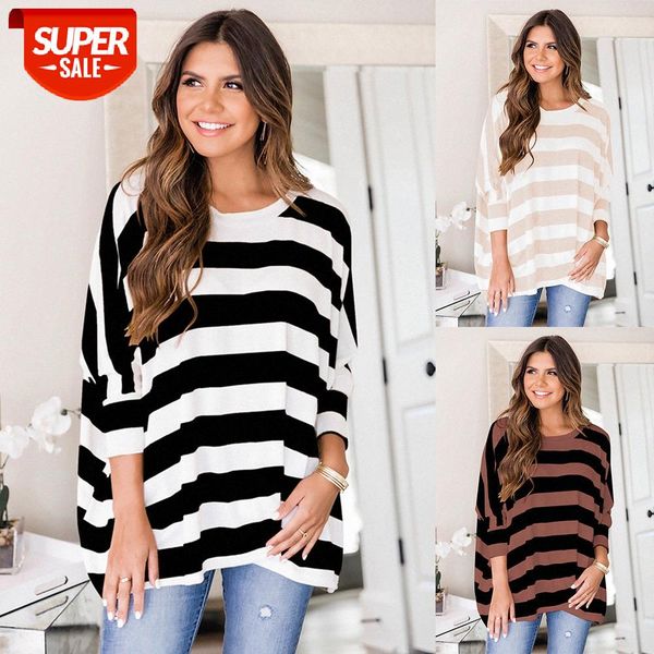 

[in stock]casual bat three-quarter sleeve loose striped contrast color sweater bottoming t-shirt women #5c1v, White