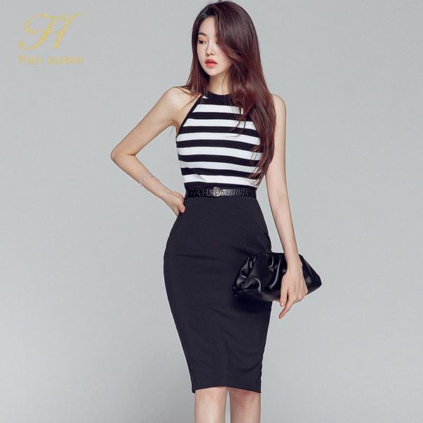 

women's tracksuits h han queen korean style suit skirt 2 pieces set women autumn sleeveless stripe knitted & high waist black pencil, Gray