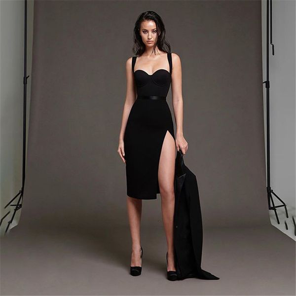 

casual dresses celebrity bandage spaghetti straps split woman knee length bodycon vintage vestios party 3mre, Black;gray
