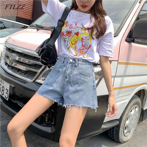 

summer women high waist wide leg blue denim shorts vintage female solid color loose fit jeans 210430, Black