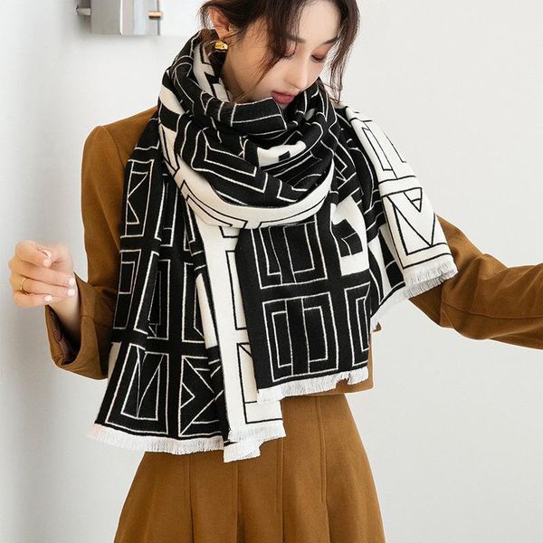 

scarves imitate cashmere long scarf women fashion geometric shawl stole student girls gift winter kerchief 185*65cm, Blue;gray