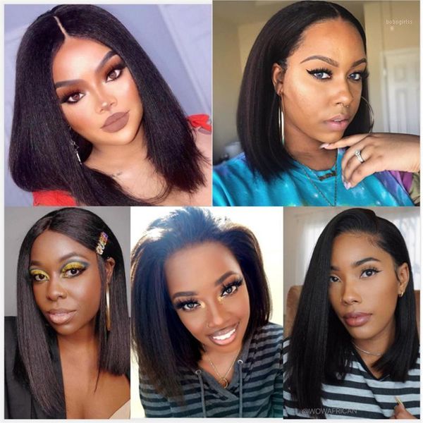 

light yaki straight 13x4x1 short bob deep part lace front human hair wigs for black women kinky t frontal wig1, Black;brown