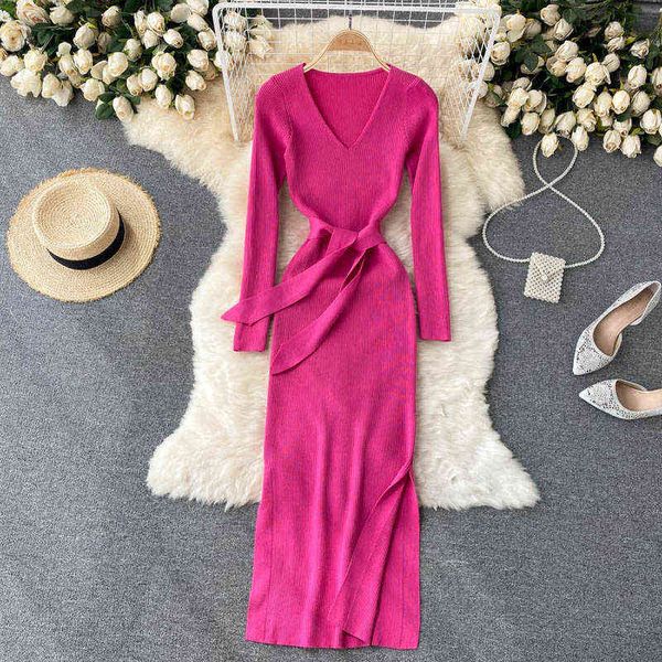 

singreiny women korean knitted dress long sleeve v neck elastic slim pencil dress autumn winter bodycon split sweater dress g1214, Black;gray