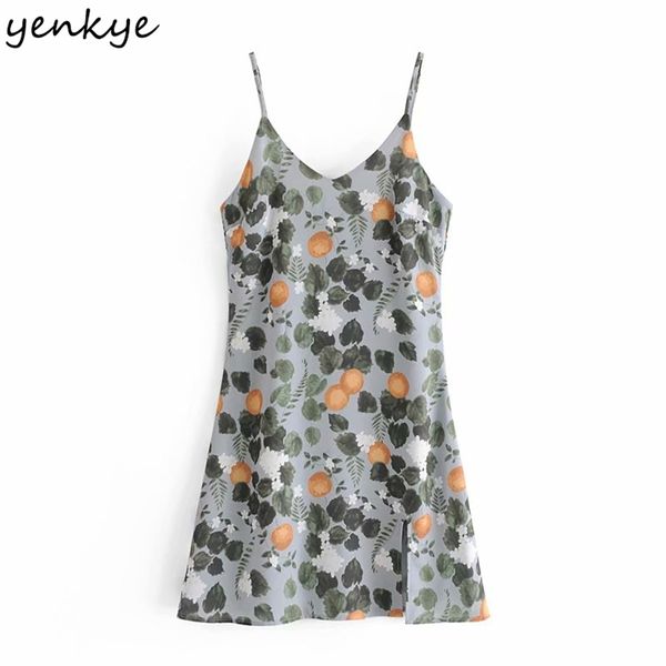 

vintage lemon leaves print sling dress women sleeveless v neck hem slits mini robe holiday summer chiffon 210514, Black;gray
