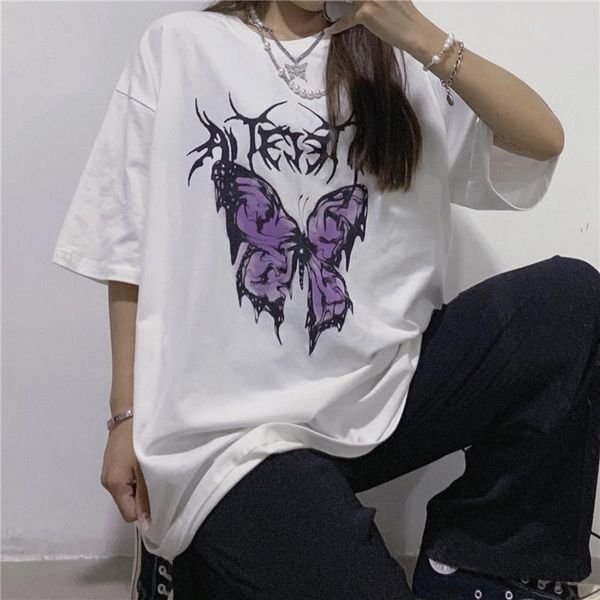 

women's t-shirt t-shirts summer butterfly print streetwear female harajuku vintage shirt casual short sleeve woman tshirts, White
