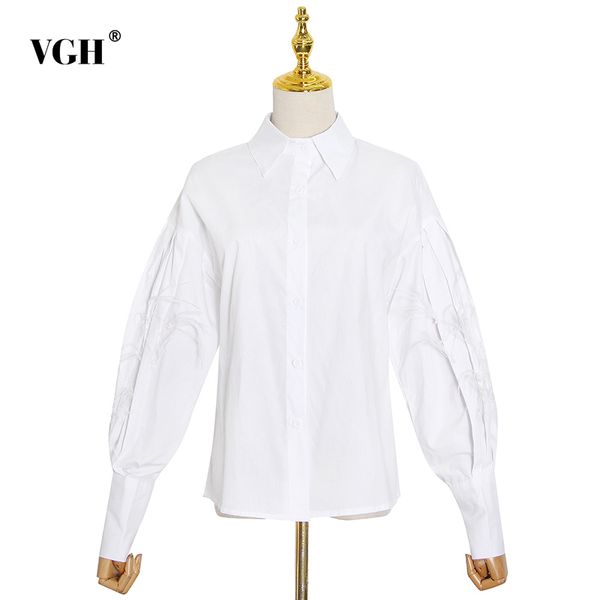 

vgh elegant white patchwork feather blouse for women lapel long sleeve casual shirt female autumn new clothing fashionable 210421