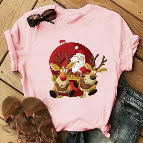 

women's t-shirt suitable all seasons female pink tshirt merry christmas santa claus graphic print women short sleeve tee, White