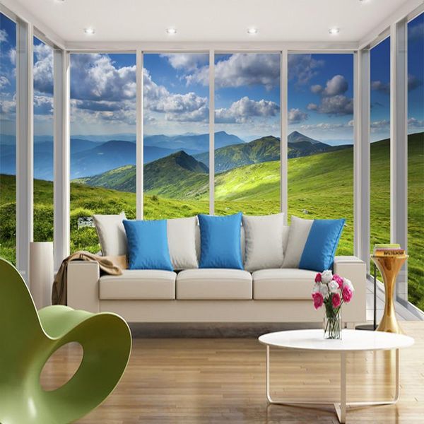 

wallpapers french window grassland landscape po wallpaper 3d blue sky and white clouds natural scenery murals wall papers home decor