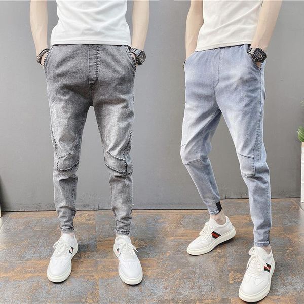 

men's jeans 2021 fashion elastic denim stretch korean style trendy casual trousers slim feet teenagers pencil pants for men, Blue
