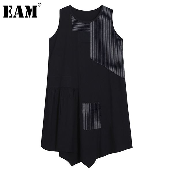 

[eam] women black pleated irregular striped spliced dress round neck sleeveless loose fashion spring summer 1dd8573 21512, Black;gray
