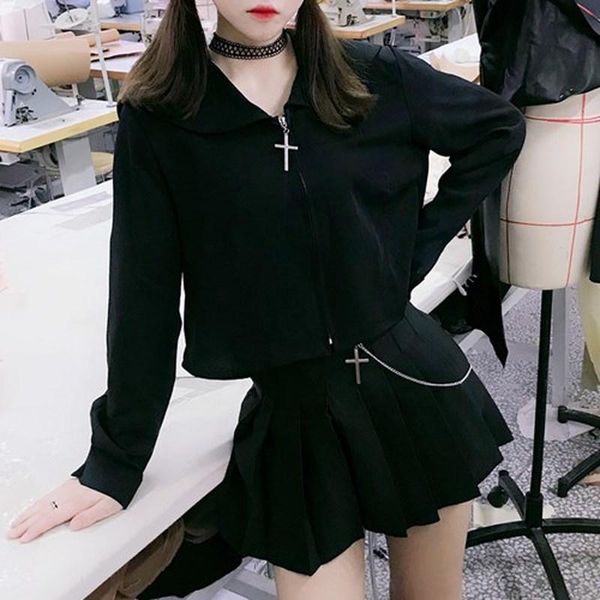 

women's t-shirt harajuku shirts womne sailor collar shirt short cross zipper ulzzang punk gothic tee tumblr streetwear black summer, White