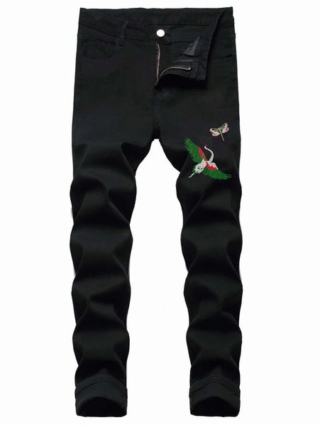 

romwe guys crane dragonfly embroidery jeans o29p#, Blue
