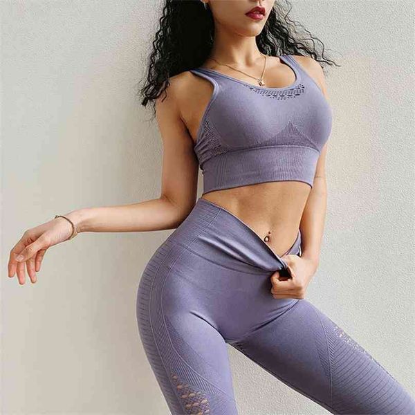 

2pcs yoga set hollow out seamless back cross straps bra with high waist gym leggings push up sport suit fitness workout 210802, Gray