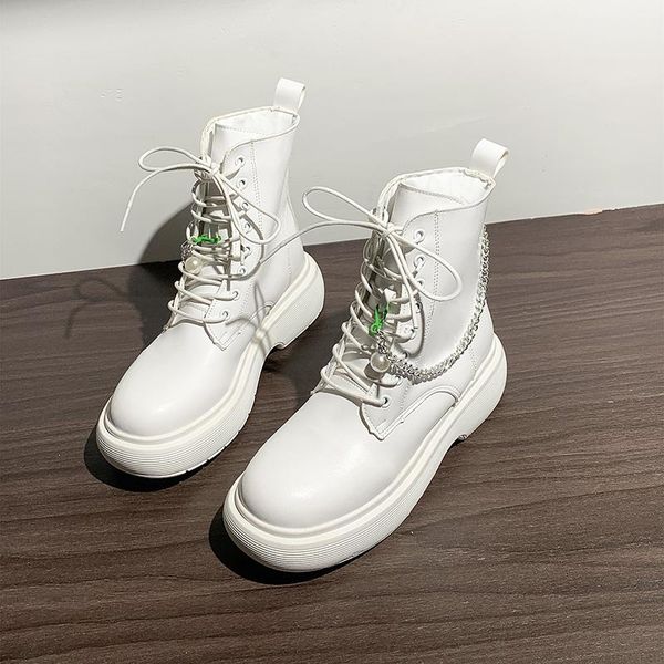 

boots white classic women motorcycle personality chain design women's thick bottom round head lace-up ankle, Black