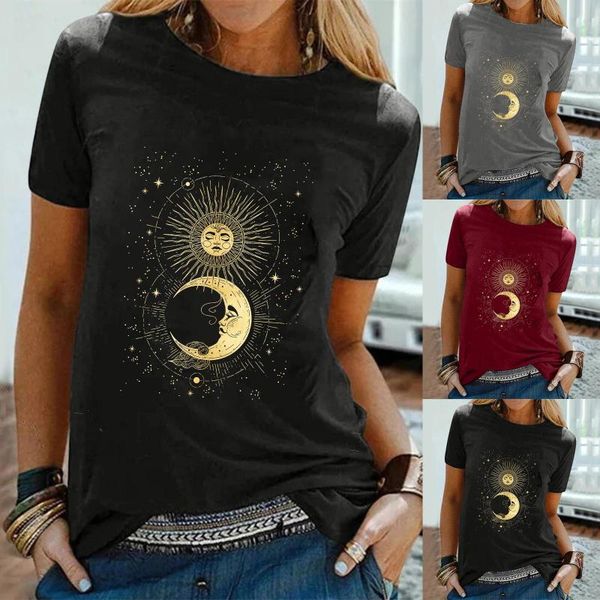 

women's t-shirt 2021 women casual fashion letter sun moon print loose o-neck short sleeve elastic stretched tshirt summer, White