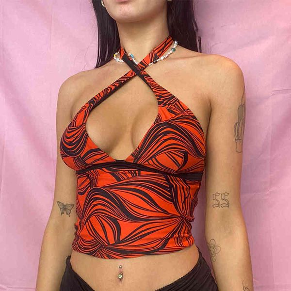 Paisley Print Y2k Halter Crop Tops für Mädchen Sexy Frauen Tie Dye Sommer Backless V-ausschnitt Party Shirt T-stück beachwear Tank Weste 210415