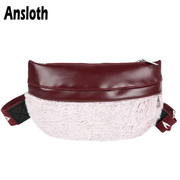 

ansloth patchwork waist bag for women wool fanny fashion winter belt lady pu leather pack female chest hps765 bags