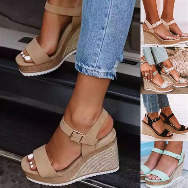 

women shoes platform sandals peep toe high wedges heel ankle buckles sandalia female, Black