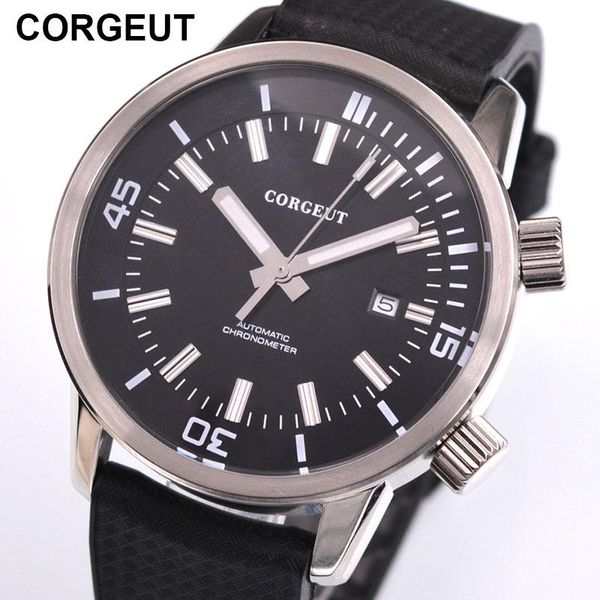 

wristwatches corgeut mens automatic watch 45mm mechanical date luminous waterproof sport rubber relogio masculino, Slivery;brown