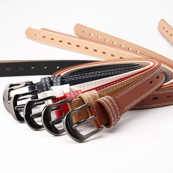 

belts women pu leather belt all-match sewing decoration pin buckle for ladies alloy black oval jeans waistband, Black;brown