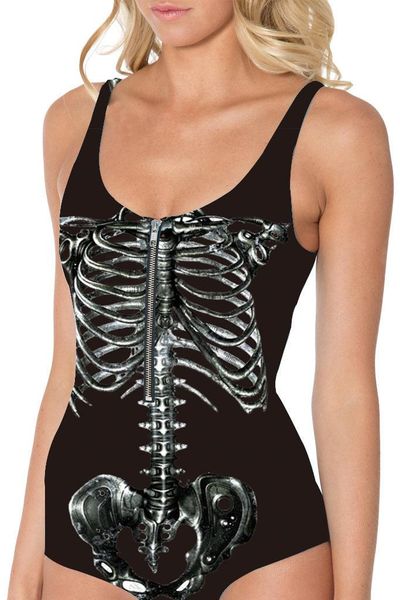 

women's jumpsuits & rompers printing sell white skeleton zipper conjoined swimsuit, Black;white