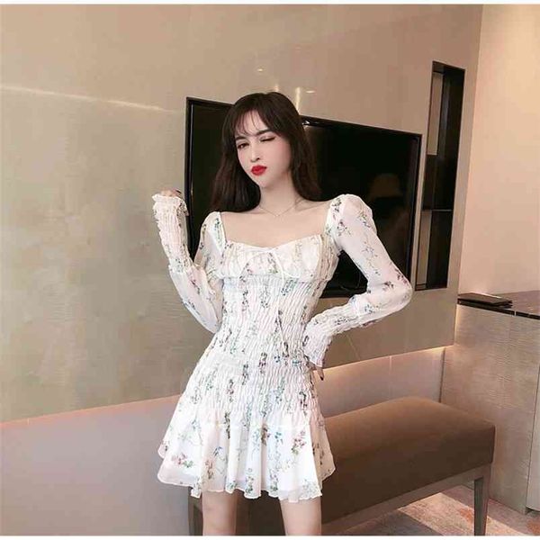 

spring autumn women's dress retro floral square neck chiffon pleated slim thin a-line long sleeve female es ll162 210506, Black;gray