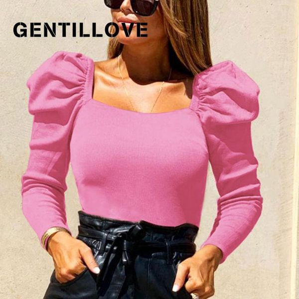 

gentillove 2021 women spring autumn square collar knit elegant puff sleeve tee solid long slim t-shirt basic women's, White